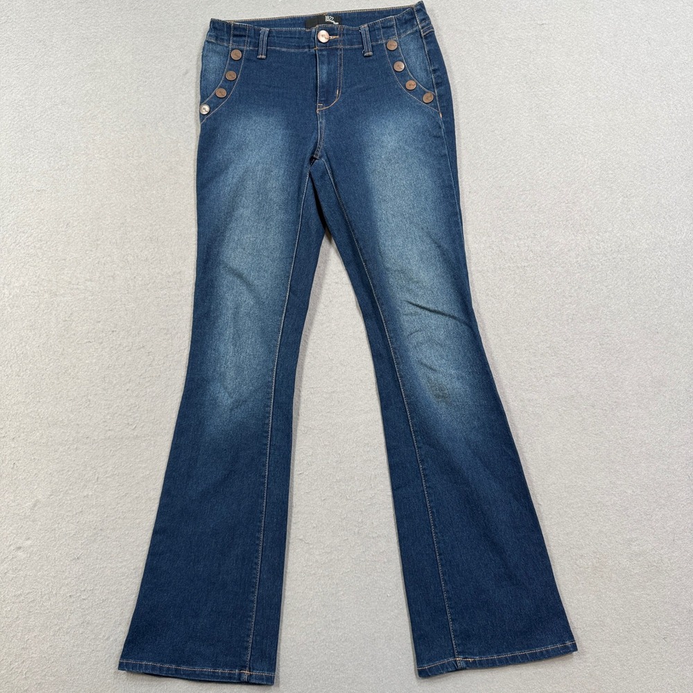 Y2K 1822 Denim Jeans Womens 2 Blue Dark Wash Flare Leg Slim Fit Mid Rise Buttons
